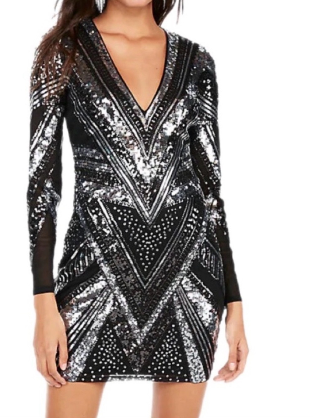Express Art Deco Sequin Bodycon Mini Dress Silver Black Cocktail Party Glam Sz M - Picture 6 of 6